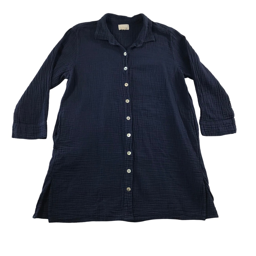 Honest Cotton Navy Blue Double Gauze Button Front Tunic Top One Size Handmade